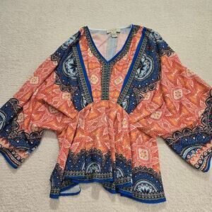 Flying Tomato Dolman Sleeve Printed Top Blouse V-neck Size XS Boho Chic